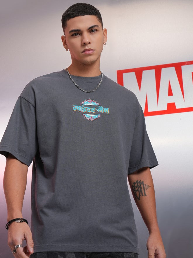 Marvel By Highlander Men Grey Spider-Man Printed Round Neck Oversized Fit T-Shirt - Grey - Image 3