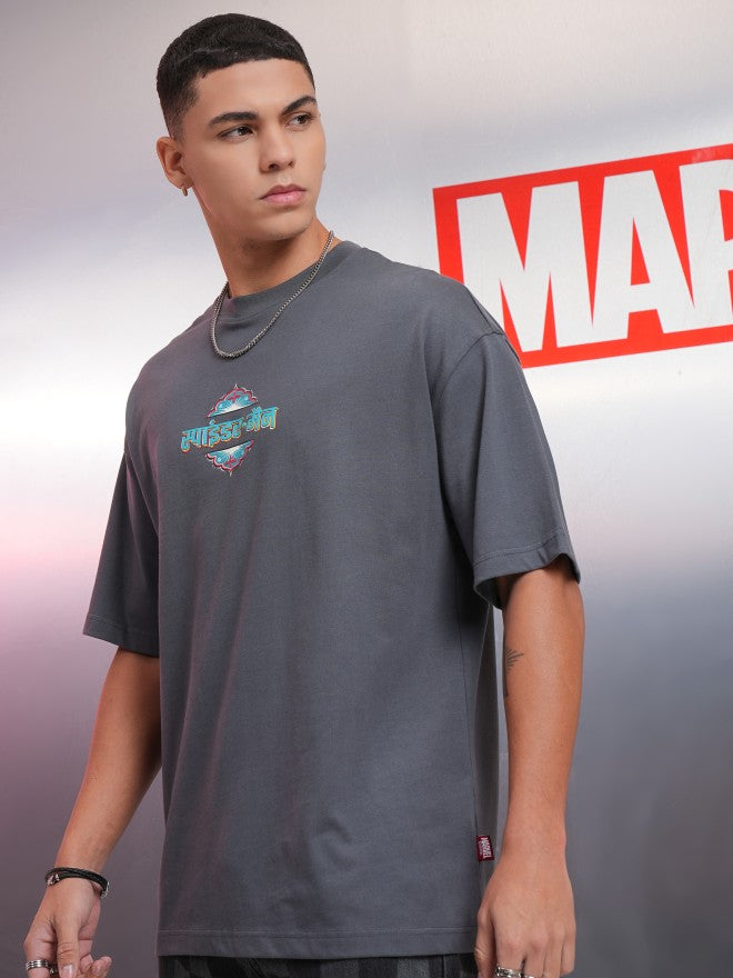 Marvel By Highlander Men Grey Spider-Man Printed Round Neck Oversized Fit T-Shirt - Grey - Image 4