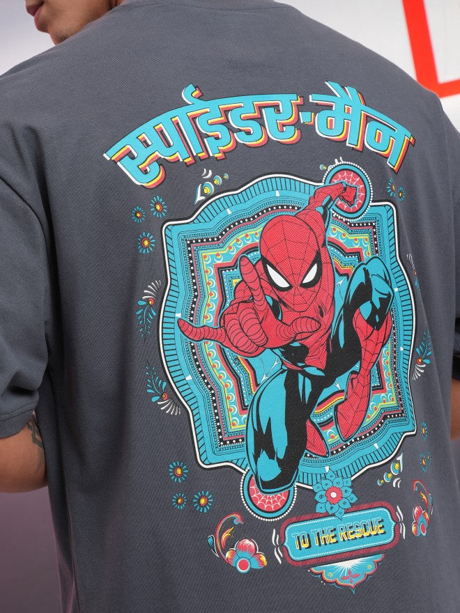 Marvel By Highlander Men Grey Spider-Man Printed Round Neck Oversized Fit T-Shirt - Grey - Image 7