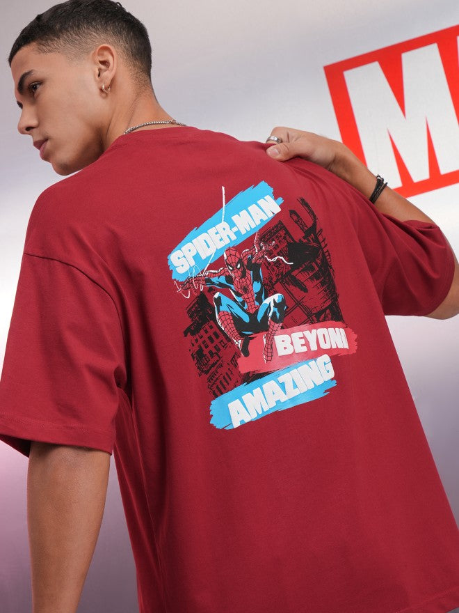 Marvel By Highlander Men Maroon Spider-Man Printed Round Neck Oversized Fit T-Shirt - Maroon - Image 1