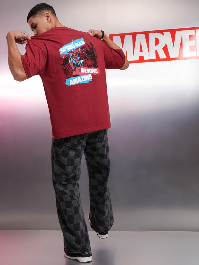 Marvel By Highlander Men Maroon Spider-Man Printed Round Neck Oversized Fit T-Shirt - Maroon - Image 2