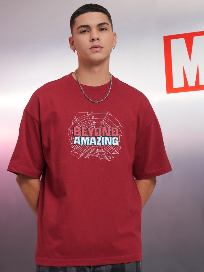 Marvel By Highlander Men Maroon Spider-Man Printed Round Neck Oversized Fit T-Shirt - Maroon - Image 3