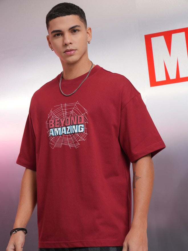 Marvel By Highlander Men Maroon Spider-Man Printed Round Neck Oversized Fit T-Shirt - Maroon - Image 4