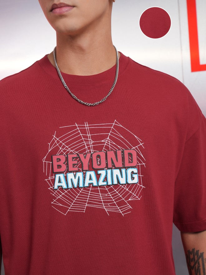 Marvel By Highlander Men Maroon Spider-Man Printed Round Neck Oversized Fit T-Shirt - Maroon - Image 5