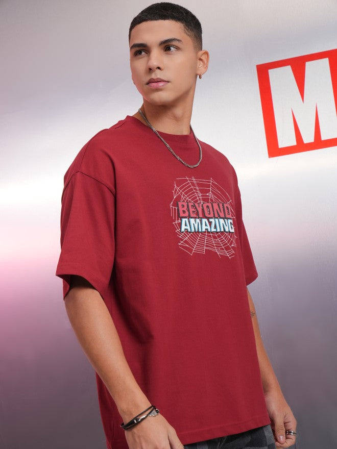 Marvel By Highlander Men Maroon Spider-Man Printed Round Neck Oversized Fit T-Shirt - Maroon - Image 6