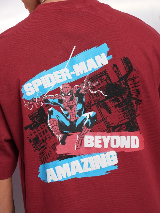 Marvel By Highlander Men Maroon Spider-Man Printed Round Neck Oversized Fit T-Shirt - Maroon - Image 7