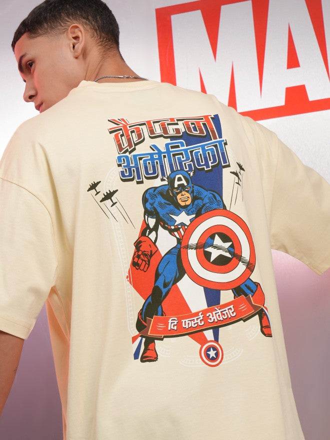 Marvel By Highlander Men Cream Captain America Printed Round Neck Oversized Fit T-Shirt - Cream - Image 1
