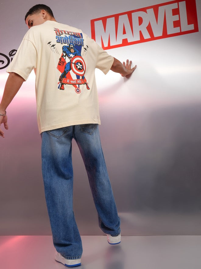 Marvel By Highlander Men Cream Captain America Printed Round Neck Oversized Fit T-Shirt - Cream - Image 2