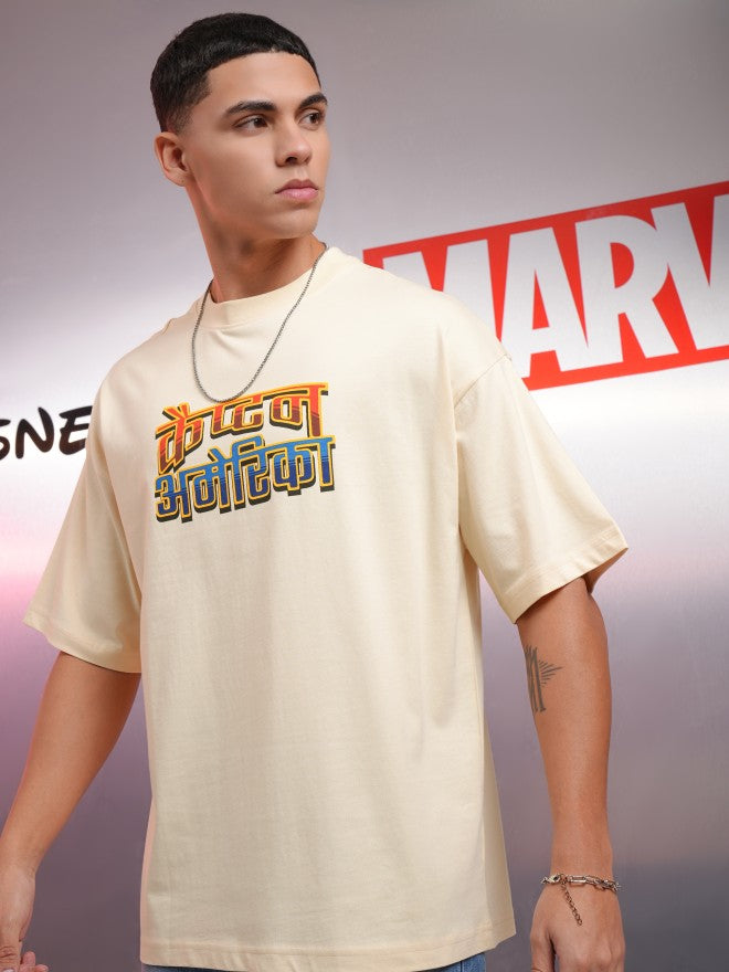 Marvel By Highlander Men Cream Captain America Printed Round Neck Oversized Fit T-Shirt - Cream - Image 4