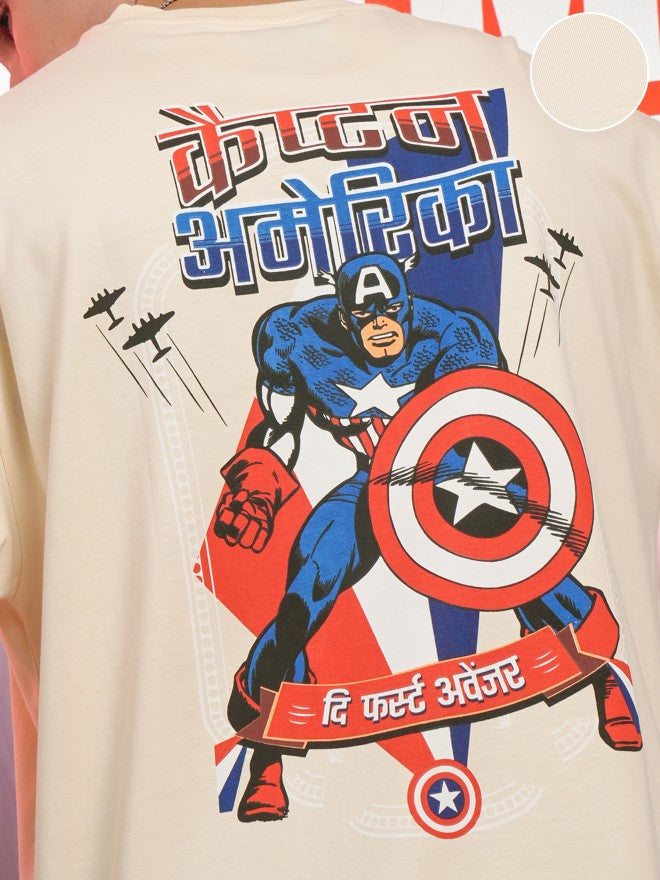 Marvel By Highlander Men Cream Captain America Printed Round Neck Oversized Fit T-Shirt - Cream - Image 5