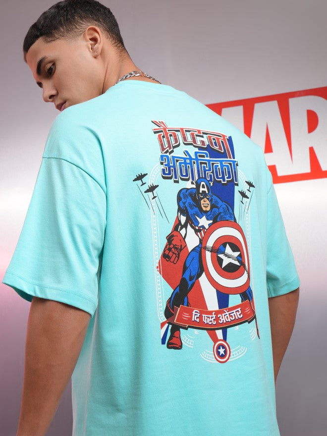 Marvel By Highlander Men Blue Captain America Printed Round Neck Oversized Fit T-Shirt - Blue - Image 1