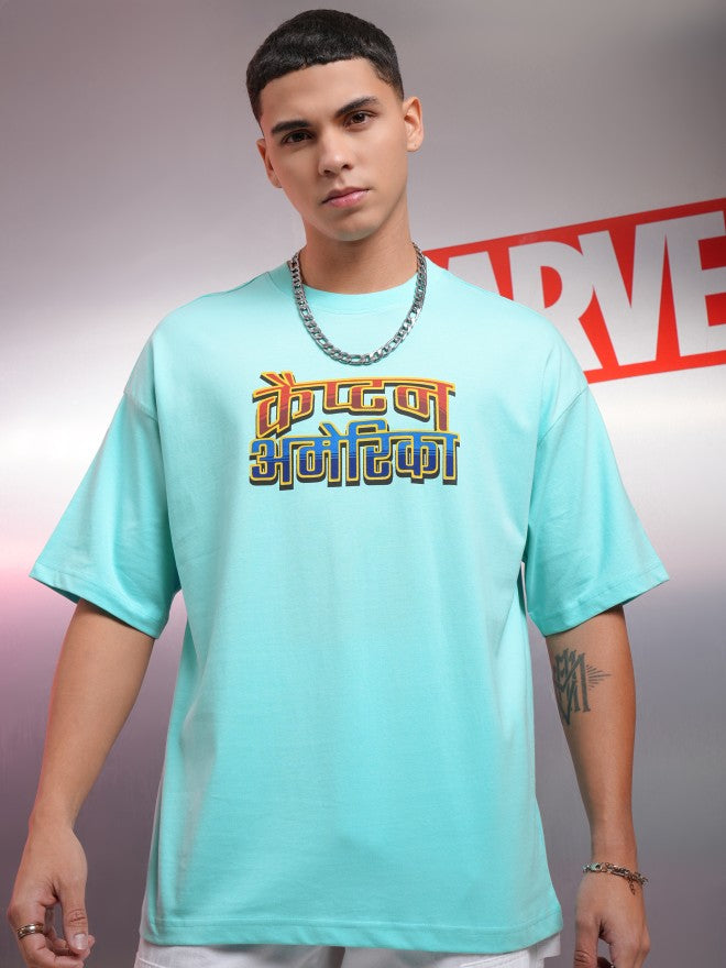 Marvel By Highlander Men Blue Captain America Printed Round Neck Oversized Fit T-Shirt - Blue - Image 3