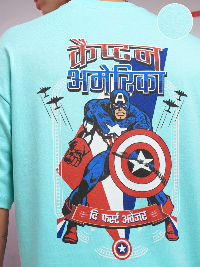 Marvel By Highlander Men Blue Captain America Printed Round Neck Oversized Fit T-Shirt - Blue - Image 5
