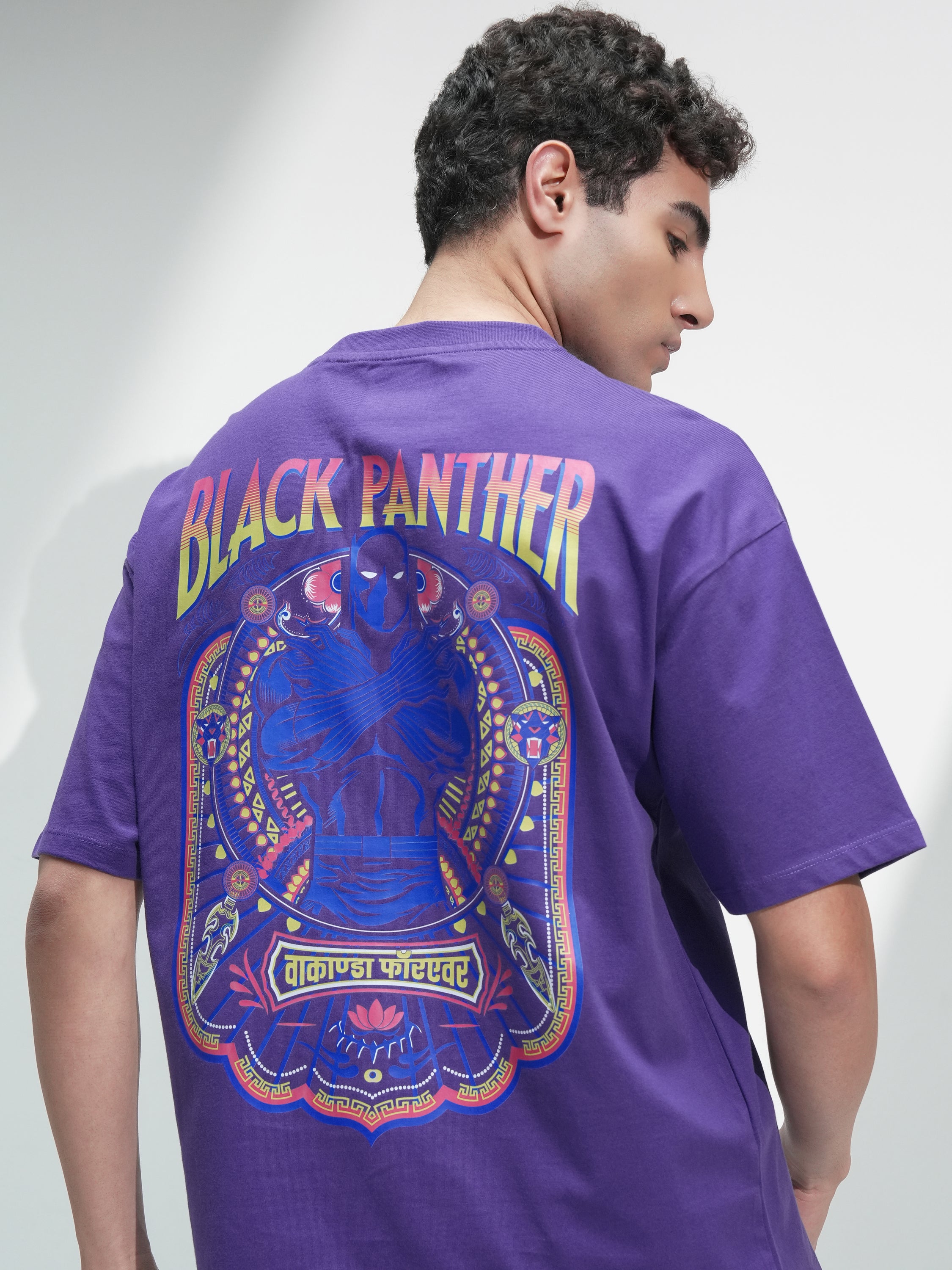 Marvel By Highlander Men Purple Black Panther Printed Round Neck Oversized Fit T-Shirt - Purple - Image 1