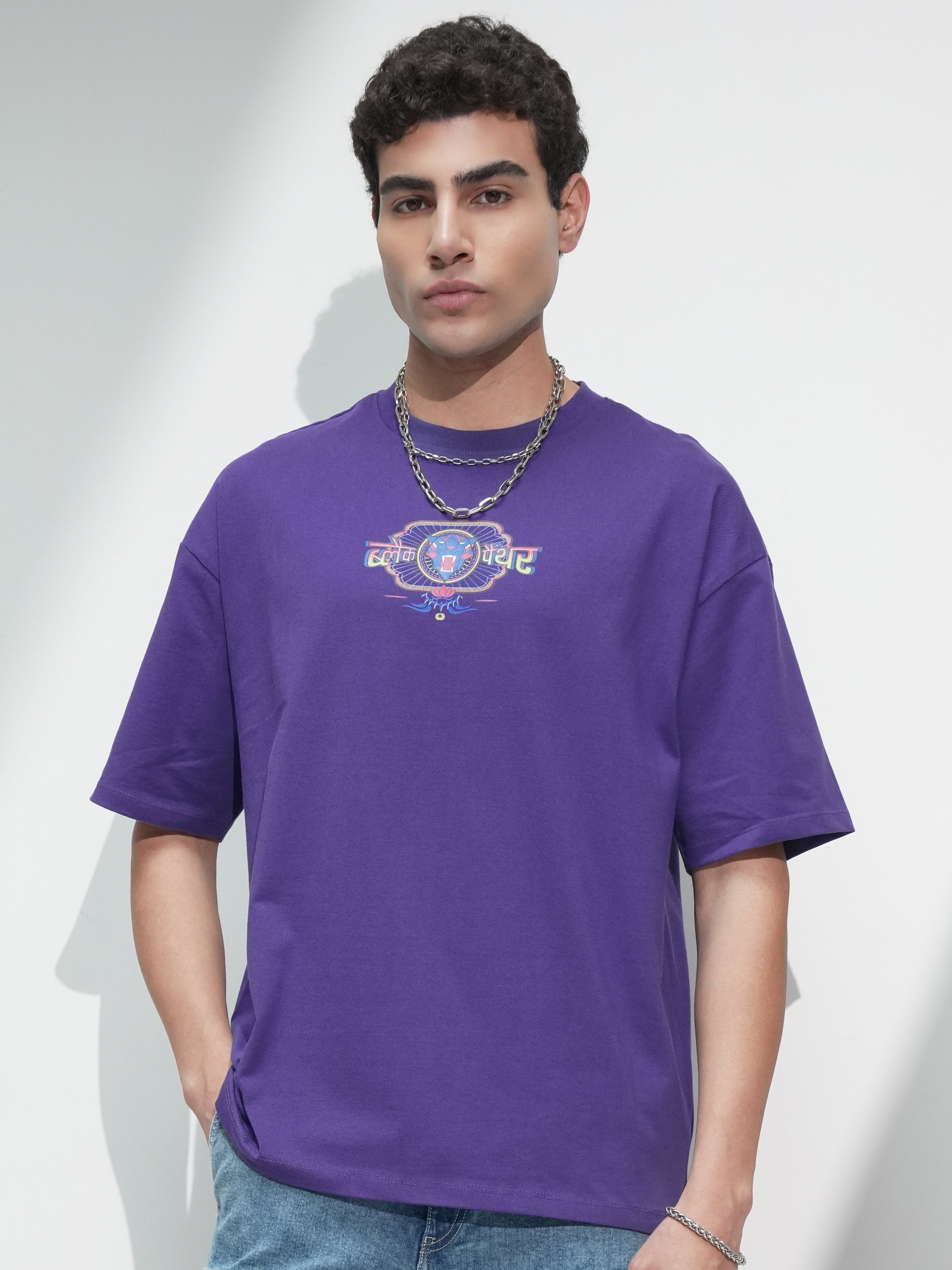 Marvel By Highlander Men Purple Black Panther Printed Round Neck Oversized Fit T-Shirt - Purple - Image 3