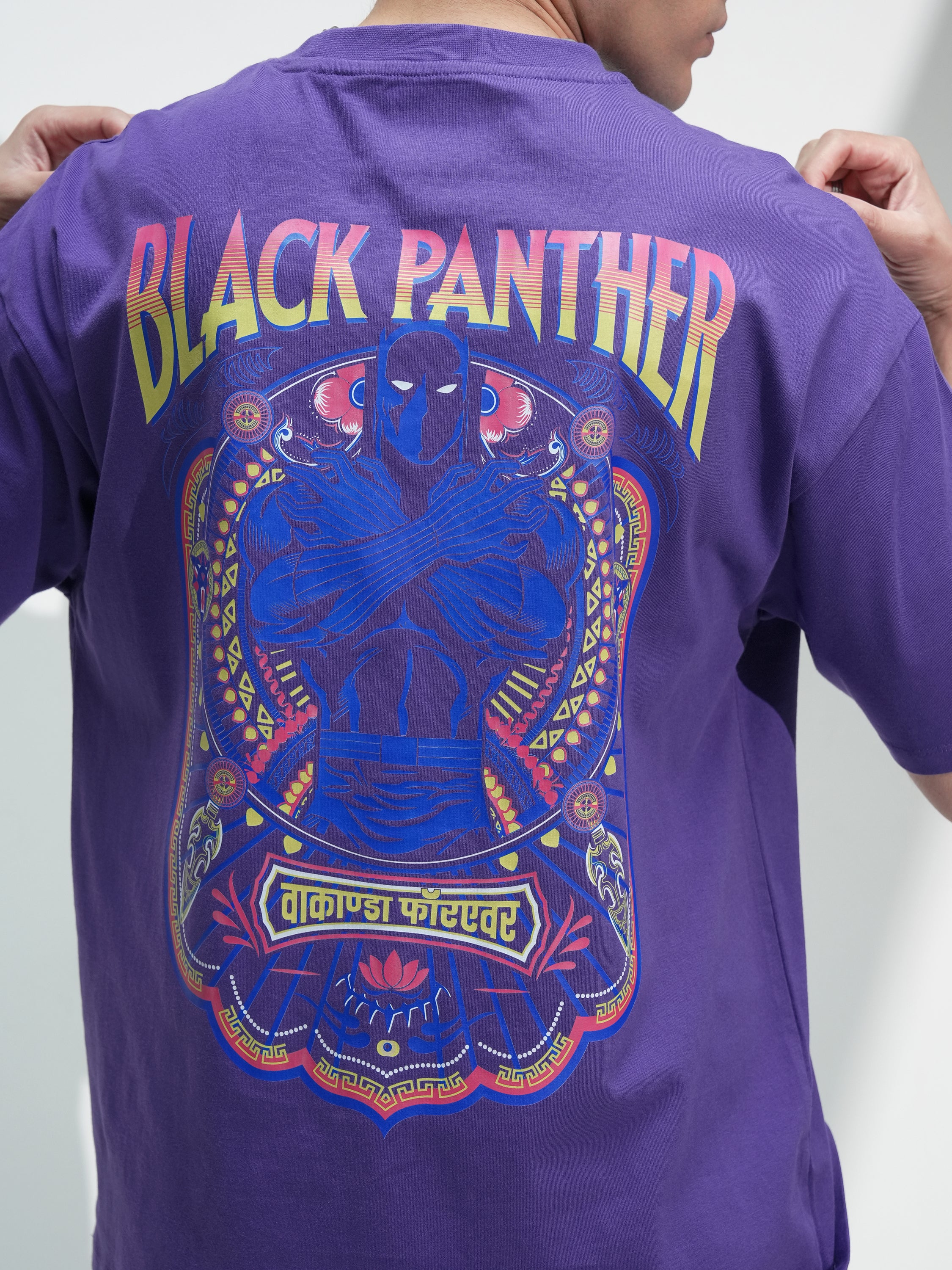 Marvel By Highlander Men Purple Black Panther Printed Round Neck Oversized Fit T-Shirt - Purple - Image 5
