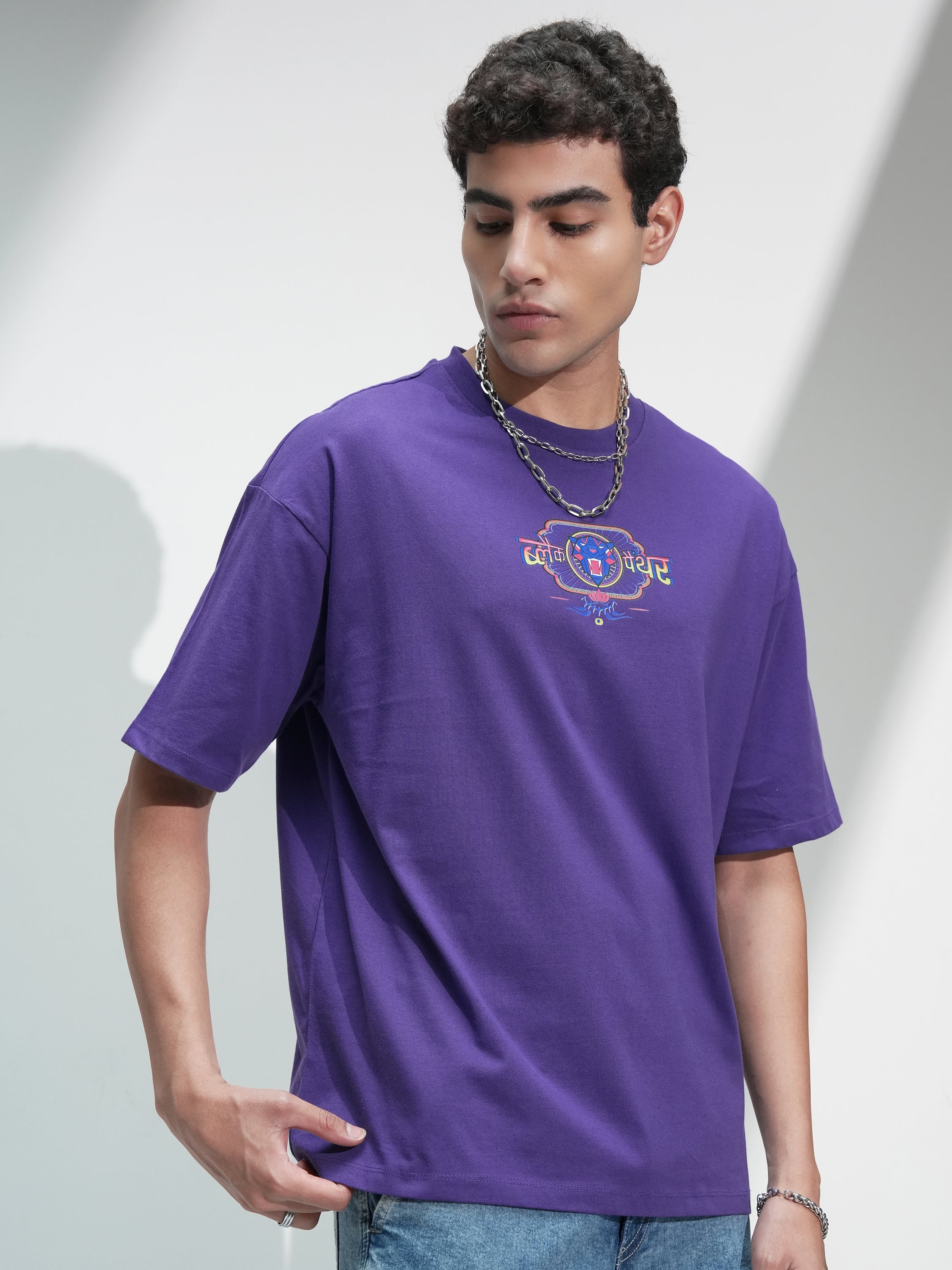 Marvel By Highlander Men Purple Black Panther Printed Round Neck Oversized Fit T-Shirt - Purple - Image 6