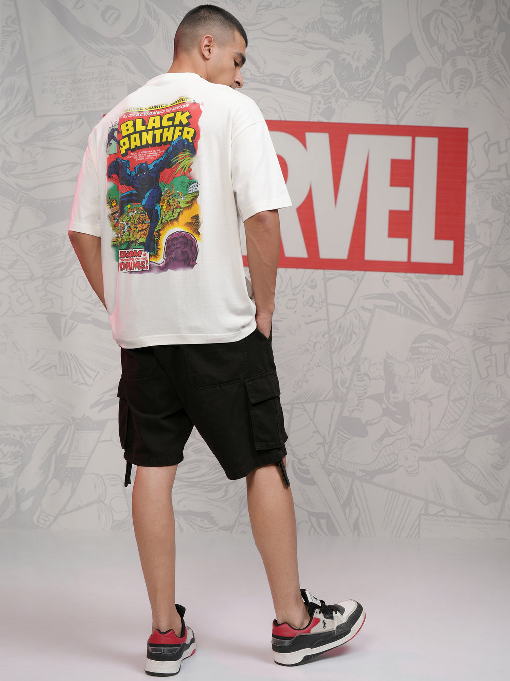 Marvel By Highlander Men Off White Black Panther Printed Round Neck Oversized Fit T-Shirt - Off White - Image 2