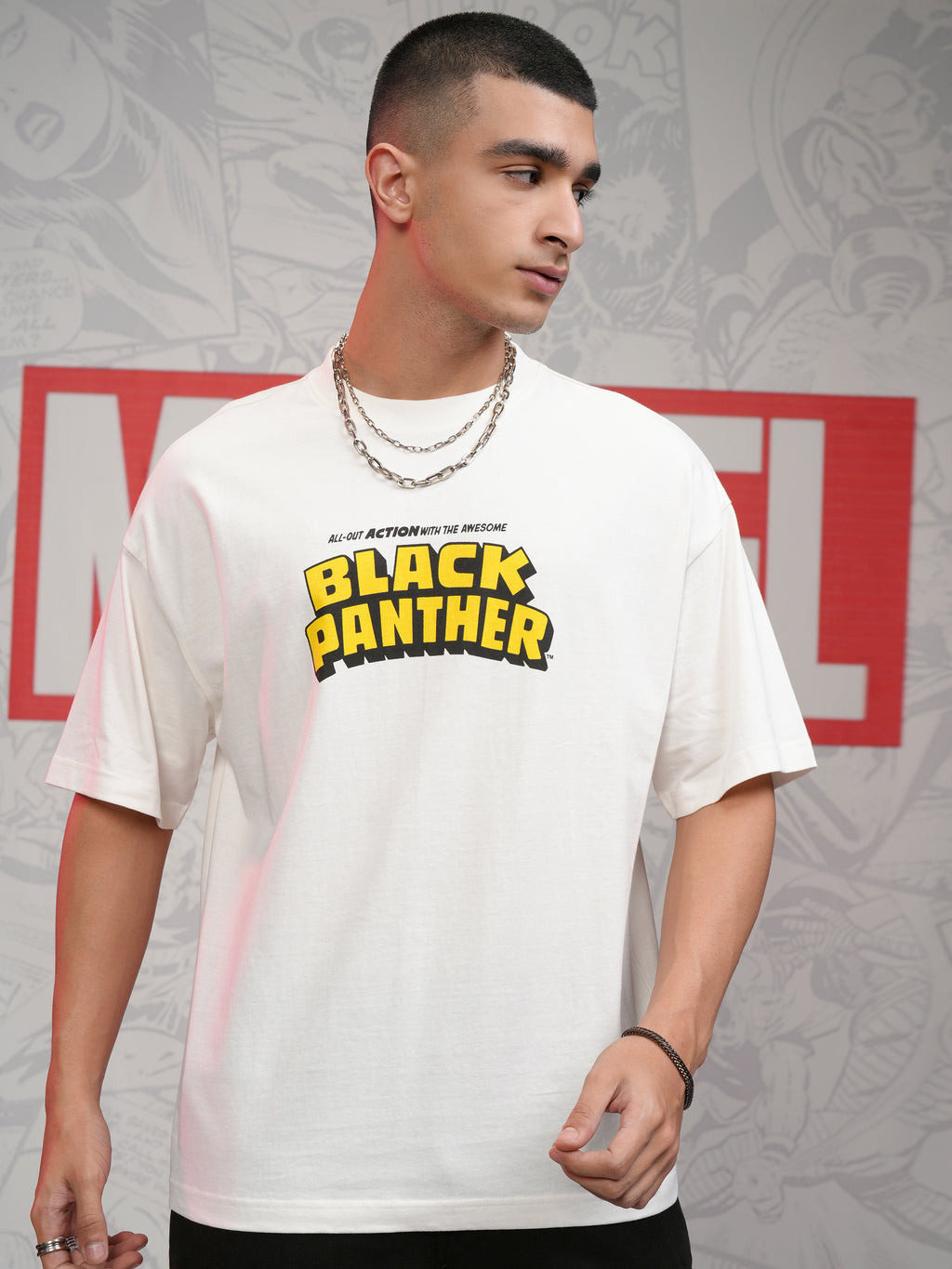 Marvel By Highlander Men Off White Black Panther Printed Round Neck Oversized Fit T-Shirt - Off White - Image 3