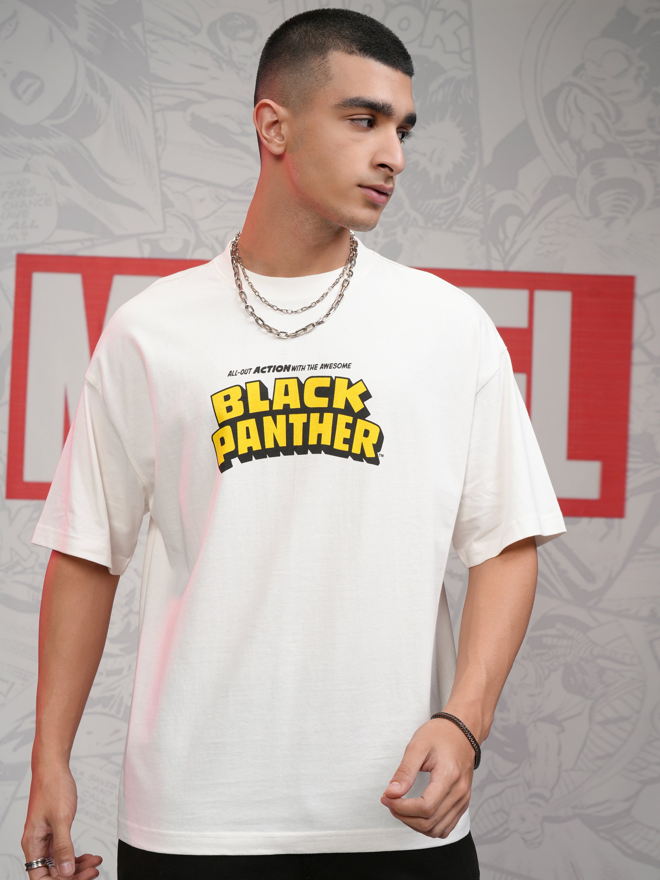 Marvel By Highlander Men Off White Black Panther Printed Round Neck Oversized Fit T-Shirt - Off White - Image 3