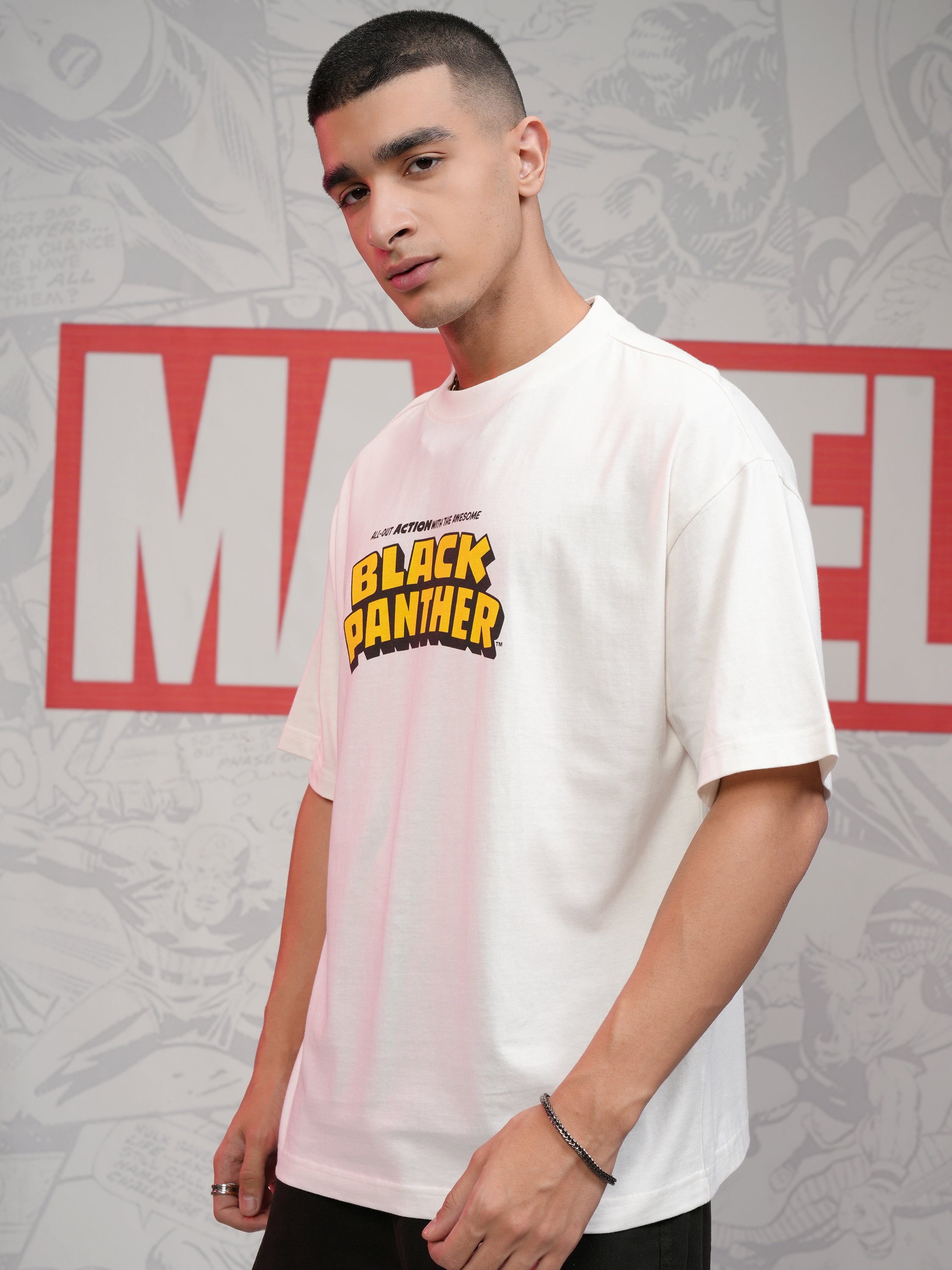 Marvel By Highlander Men Off White Black Panther Printed Round Neck Oversized Fit T-Shirt - Off White - Image 4
