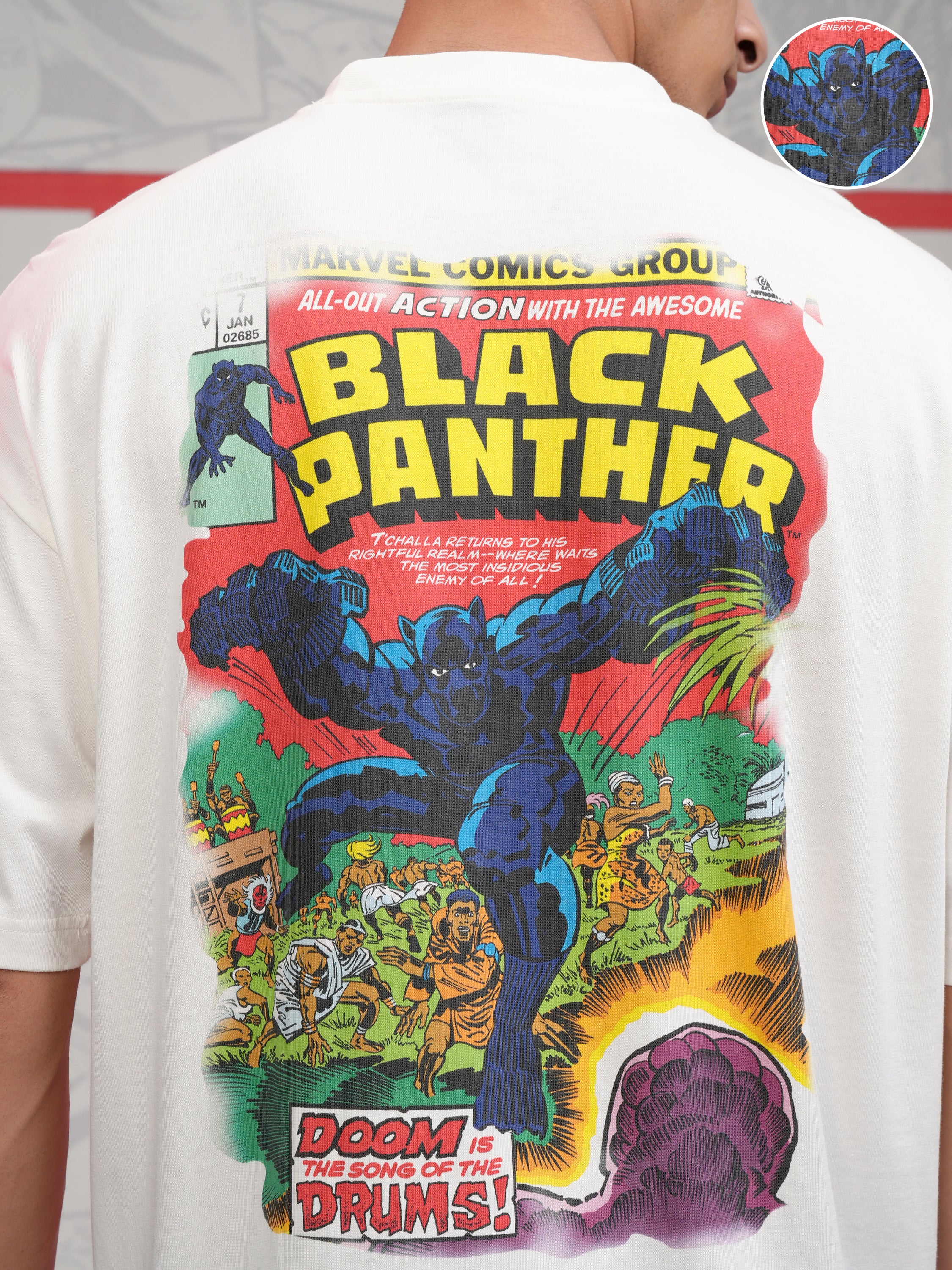 Marvel By Highlander Men Off White Black Panther Printed Round Neck Oversized Fit T-Shirt - Off White - Image 5