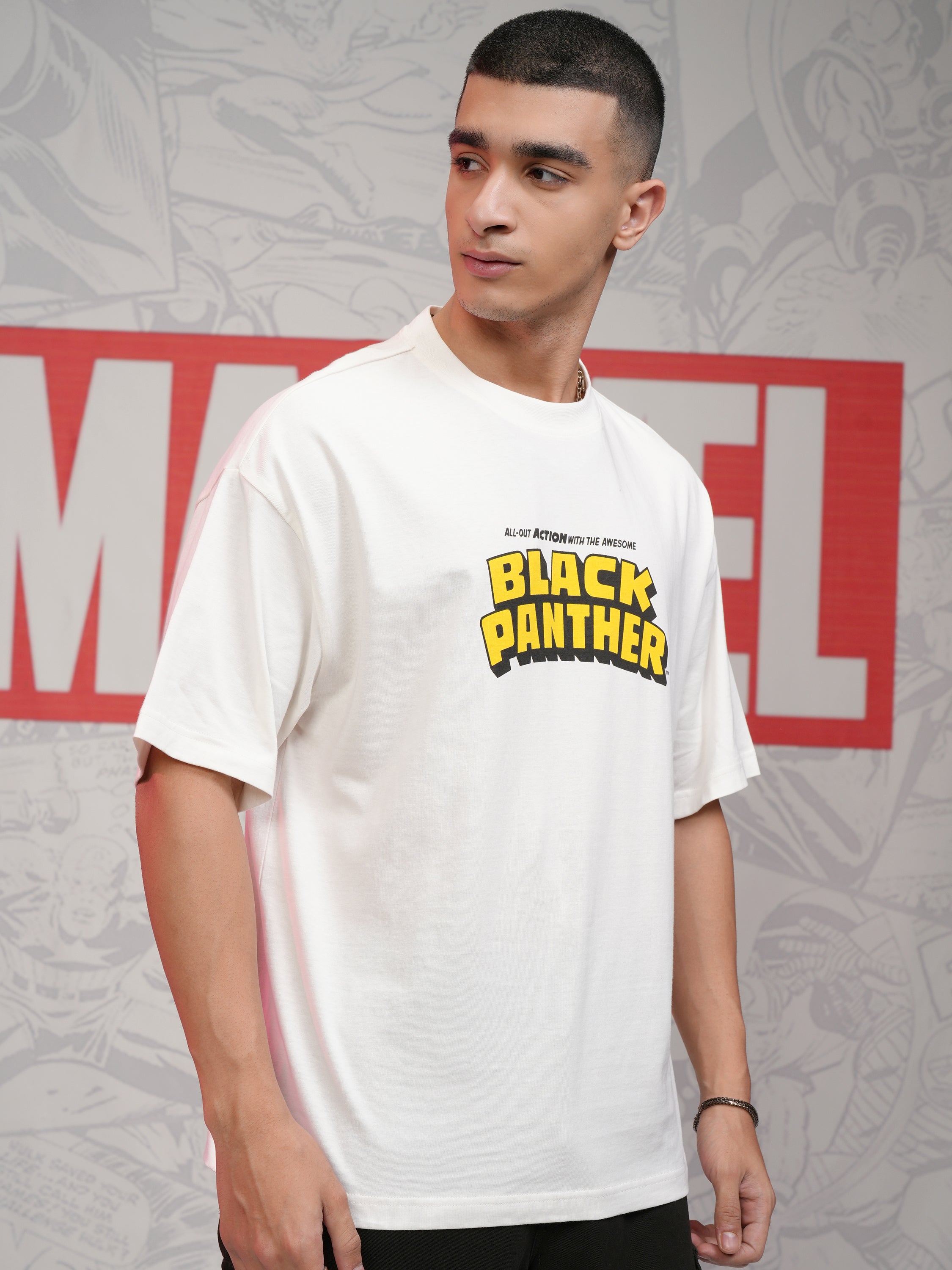 Marvel By Highlander Men Off White Black Panther Printed Round Neck Oversized Fit T-Shirt - Off White - Image 6