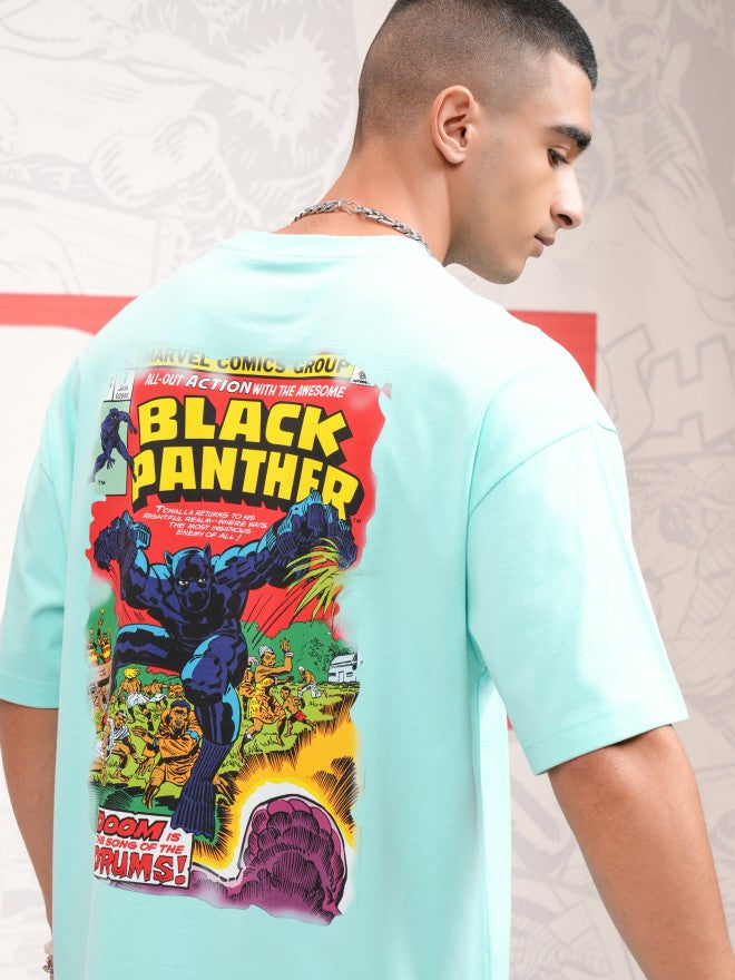 Marvel By Highlander Men Blue Black Panther Printed Round Neck Oversized Fit T-Shirt - Blue - Image 1