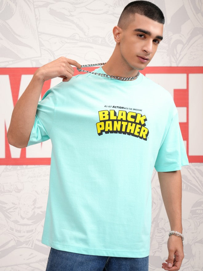 Marvel By Highlander Men Blue Black Panther Printed Round Neck Oversized Fit T-Shirt - Blue - Image 3