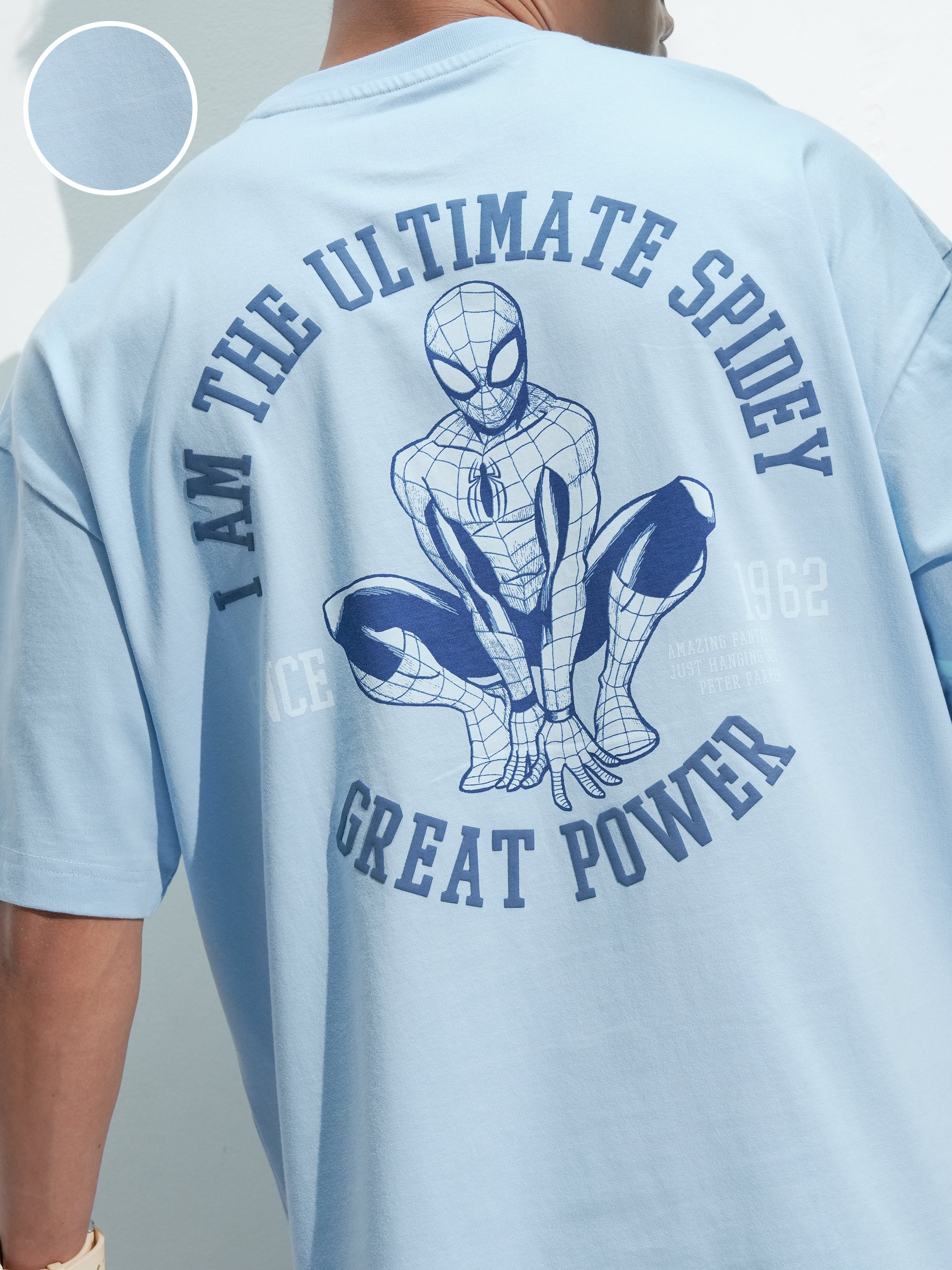 Marvel By Highlander Men Blue Spider-Man Printed Round Neck Oversized Fit T-Shirt - Blue - Image 5