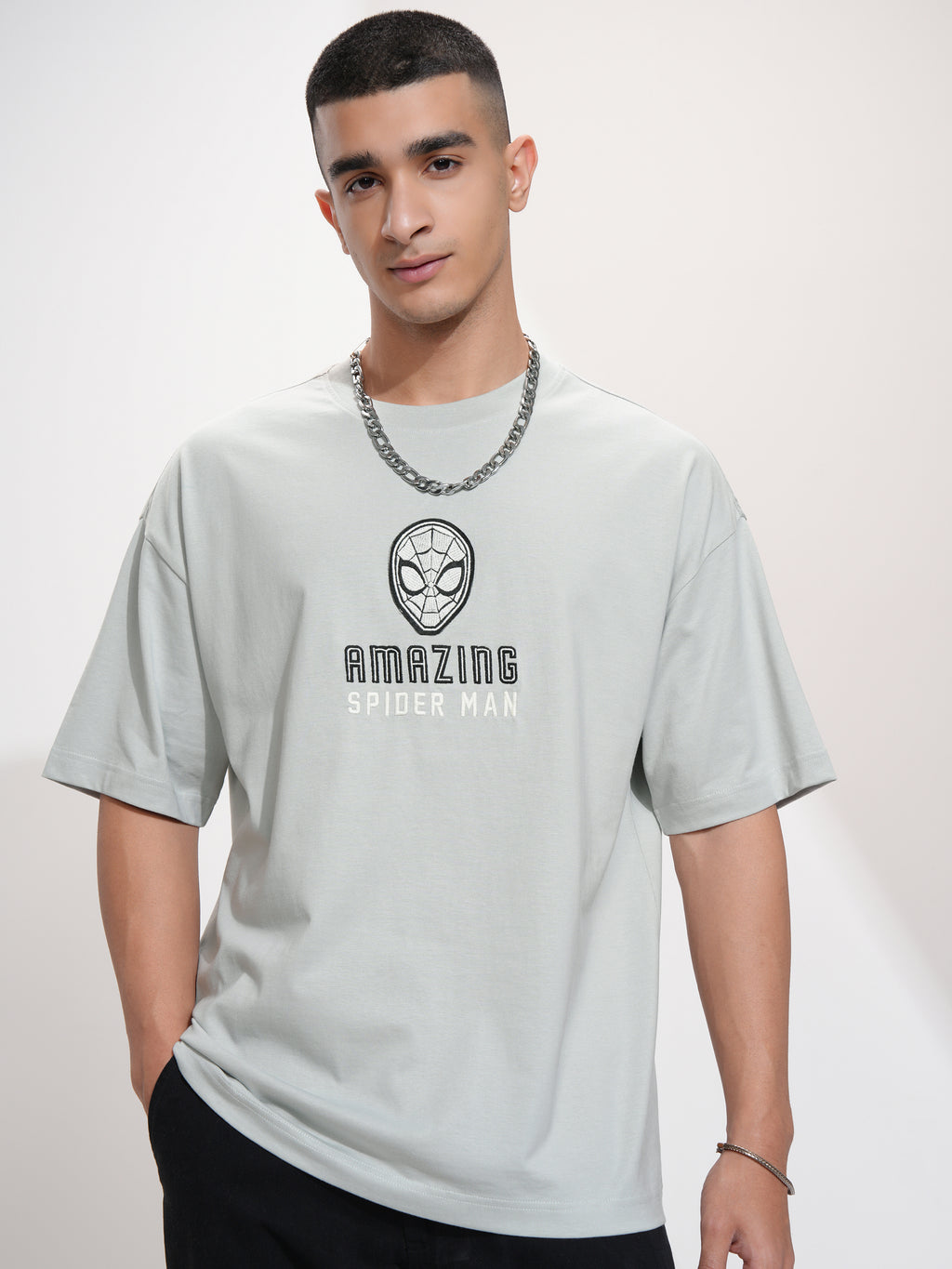 Marvel By Highlander Men Grey Spider-Man Printed Round Neck Oversized Fit T-Shirt - Grey - Image 3