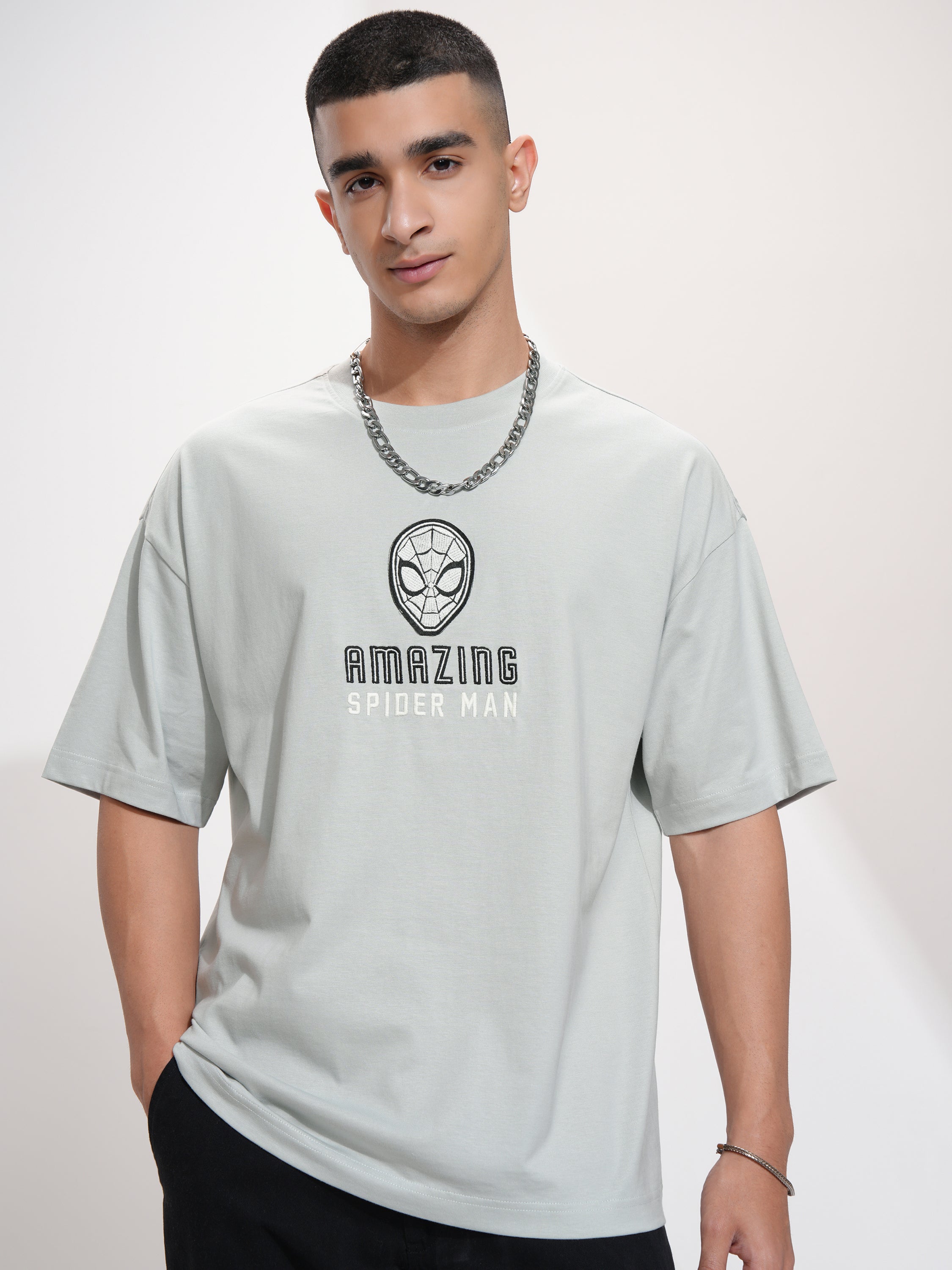 Marvel By Highlander Men Grey Spider-Man Printed Round Neck Oversized Fit T-Shirt - Grey - Image 3