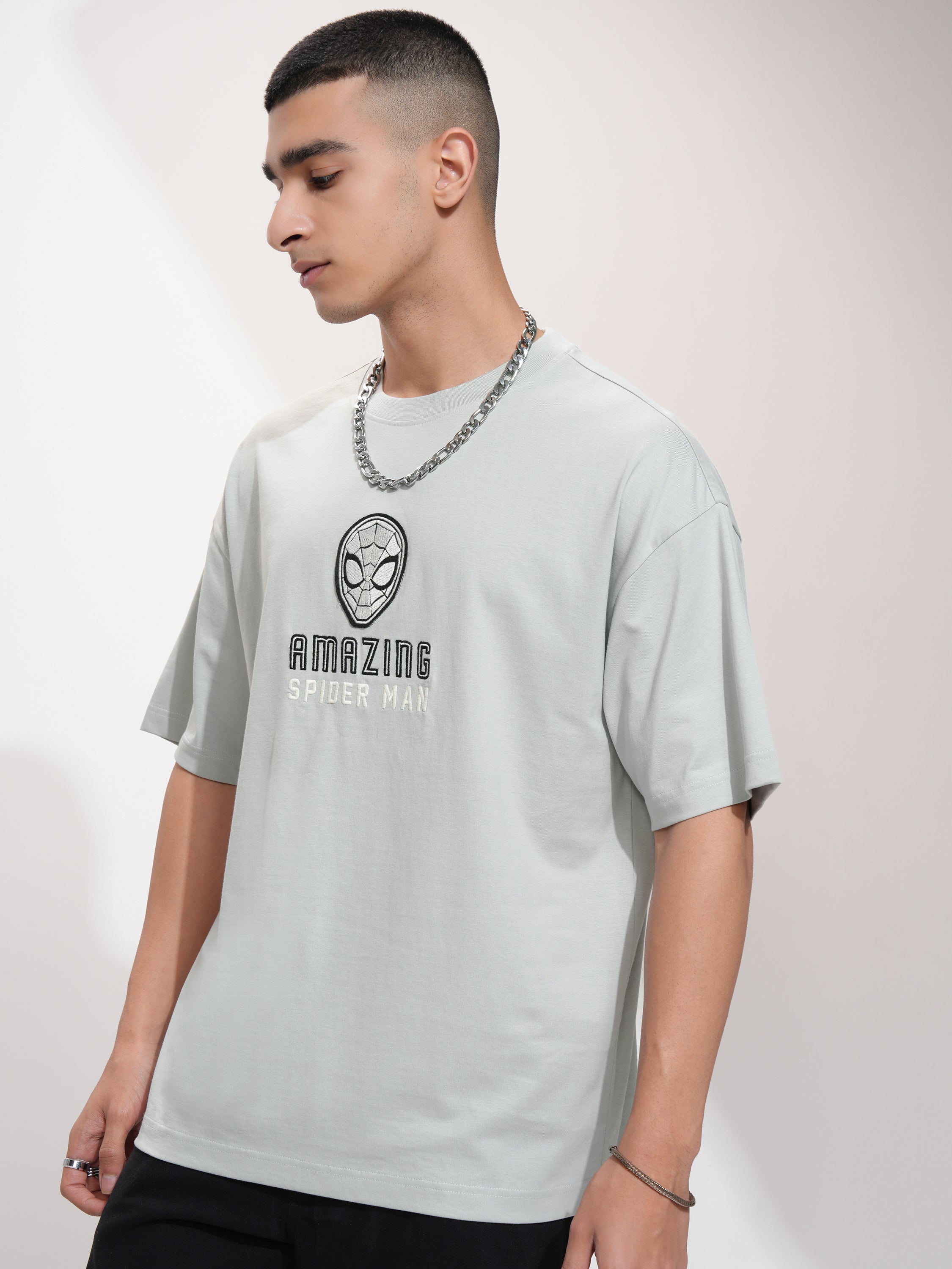 Marvel By Highlander Men Grey Spider-Man Printed Round Neck Oversized Fit T-Shirt - Grey - Image 4