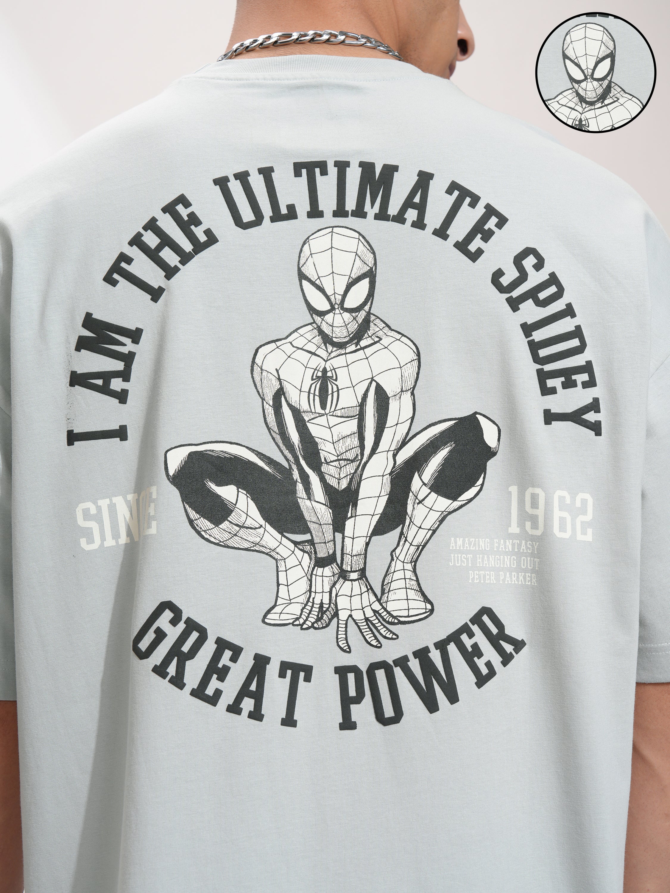 Marvel By Highlander Men Grey Spider-Man Printed Round Neck Oversized Fit T-Shirt - Grey - Image 5