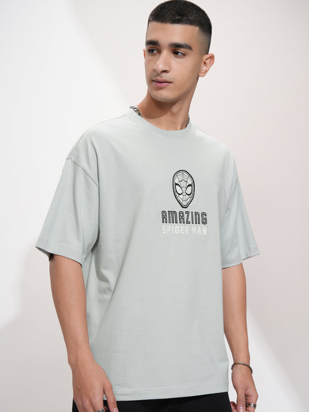 Marvel By Highlander Men Grey Spider-Man Printed Round Neck Oversized Fit T-Shirt - Grey - Image 6