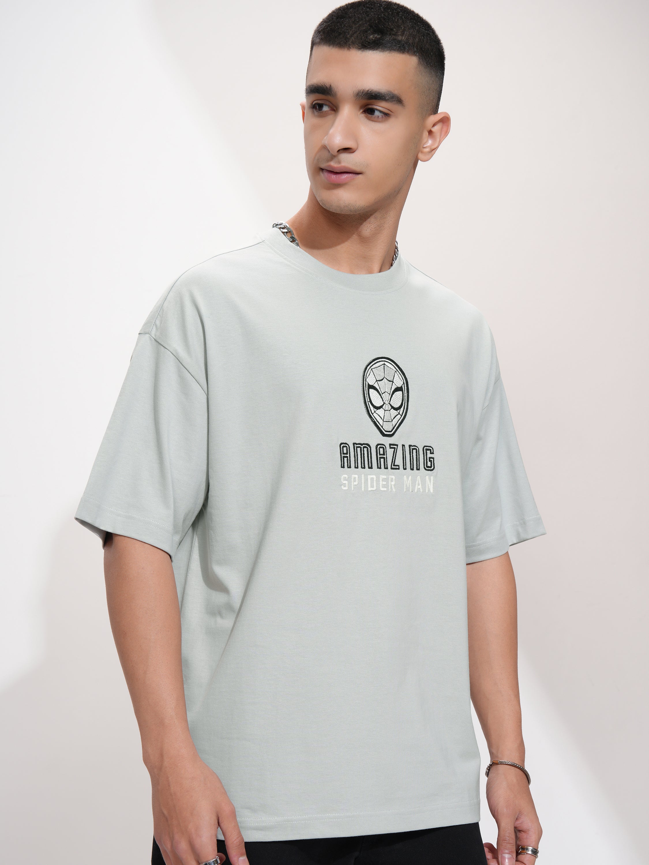 Marvel By Highlander Men Grey Spider-Man Printed Round Neck Oversized Fit T-Shirt - Grey - Image 6