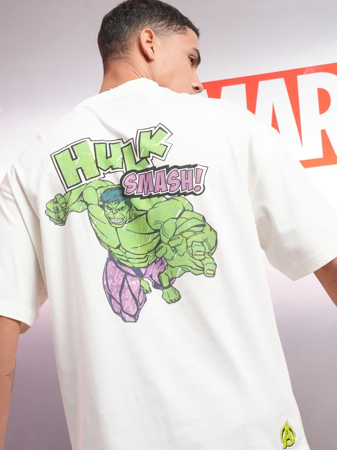 Marvel By Highlander Men Off White Hulk Printed Round Neck Oversized Fit T-Shirt - Off White - Image 1