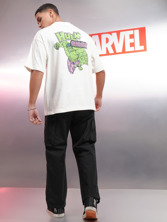Marvel By Highlander Men Off White Hulk Printed Round Neck Oversized Fit T-Shirt - Off White - Image 2