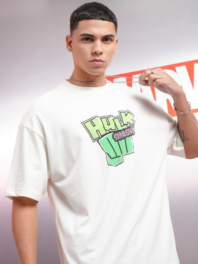 Marvel By Highlander Men Off White Hulk Printed Round Neck Oversized Fit T-Shirt - Off White - Image 3