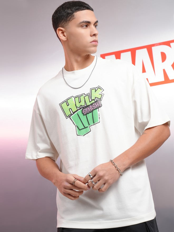 Marvel By Highlander Men Off White Hulk Printed Round Neck Oversized Fit T-Shirt - Off White - Image 4