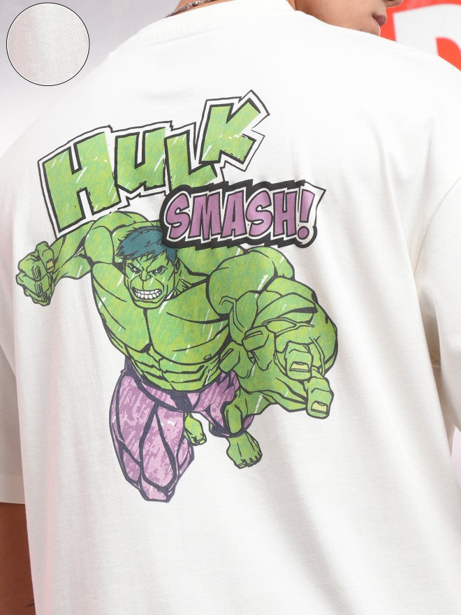 Marvel By Highlander Men Off White Hulk Printed Round Neck Oversized Fit T-Shirt - Off White - Image 5