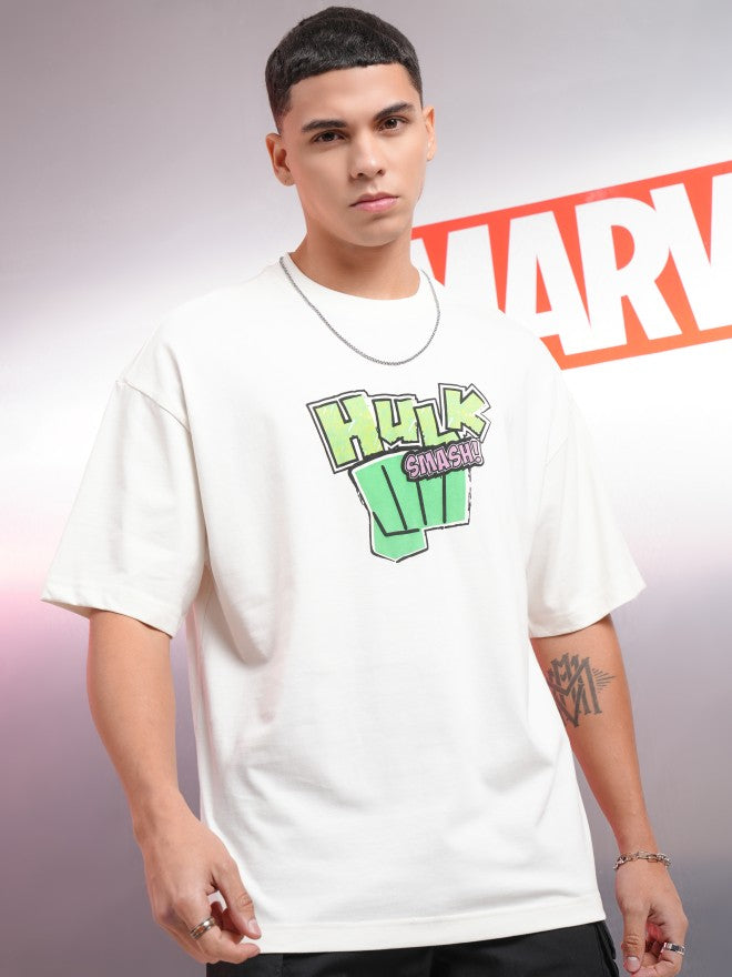 Marvel By Highlander Men Off White Hulk Printed Round Neck Oversized Fit T-Shirt - Off White - Image 6