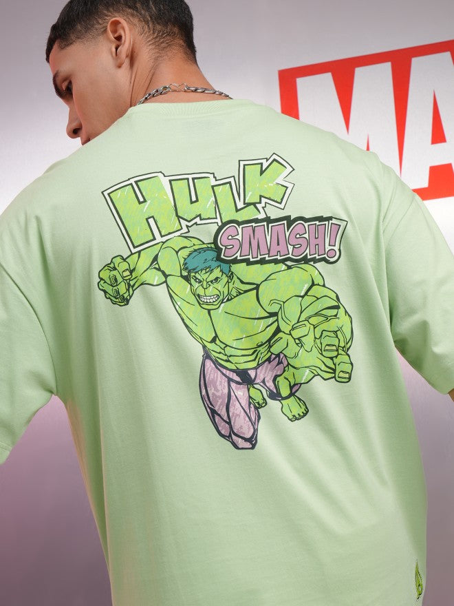 Marvel By Highlander Men Green Hulk Printed Round Neck Oversized Fit T-Shirt - Green - Image 1