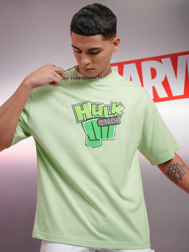 Marvel By Highlander Men Green Hulk Printed Round Neck Oversized Fit T-Shirt - Green - Image 3
