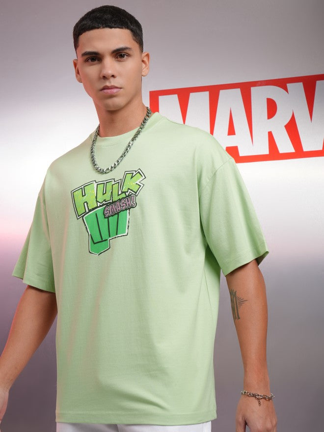 Marvel By Highlander Men Green Hulk Printed Round Neck Oversized Fit T-Shirt - Green - Image 4