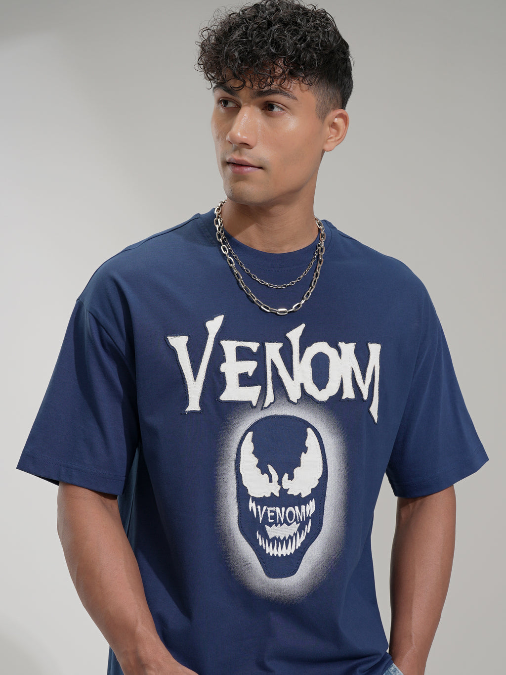Marvel By Highlander Men Navy Blue Venom Printed Round Neck Oversized Fit T-Shirt - Navy Blue - Image 1