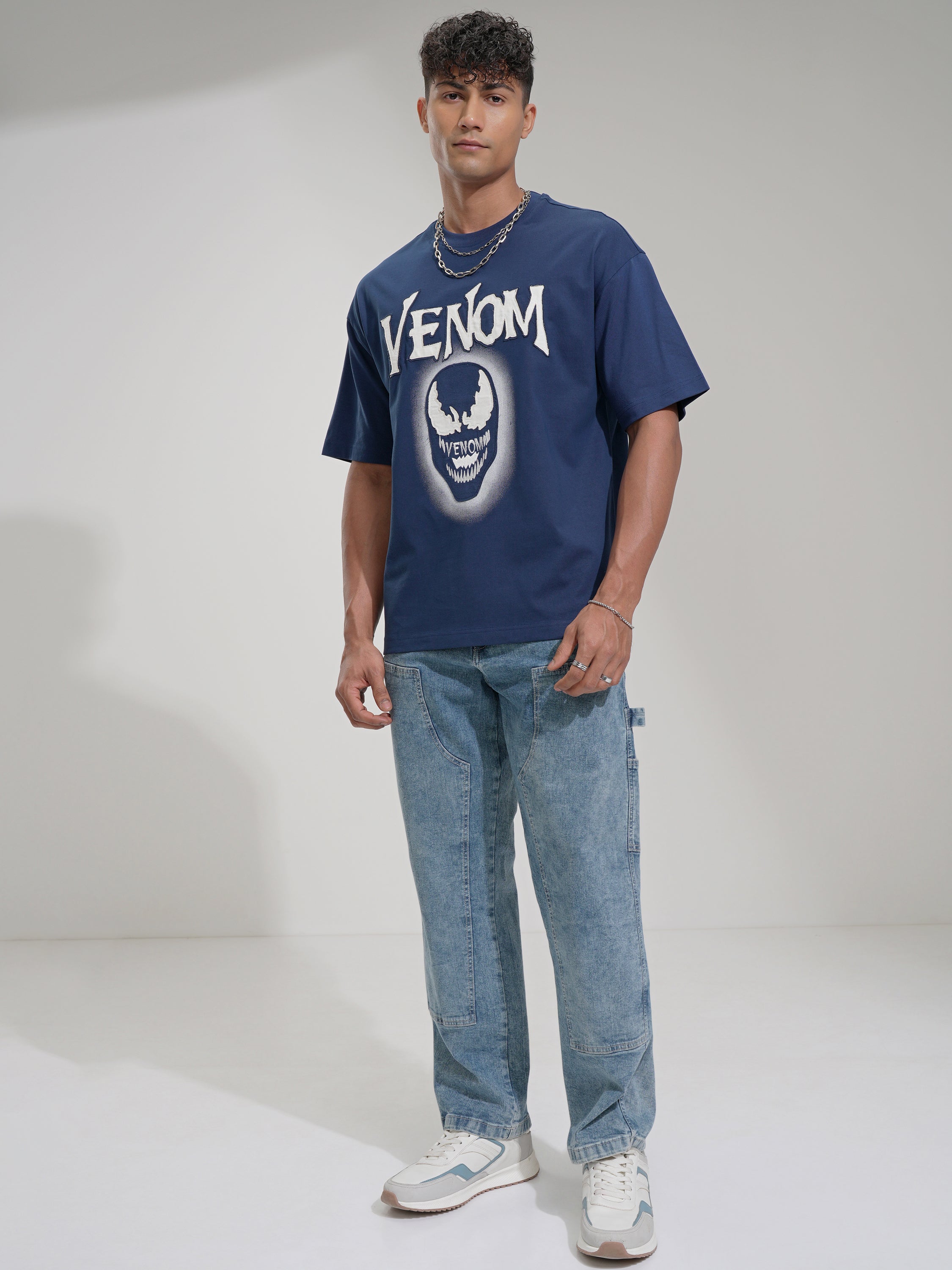 Marvel By Highlander Men Navy Blue Venom Printed Round Neck Oversized Fit T-Shirt - Navy Blue - Image 2