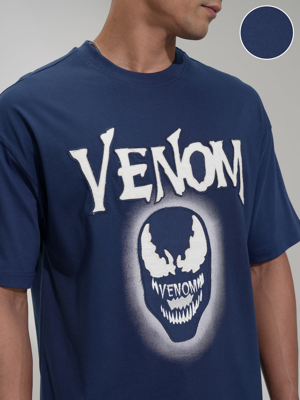 Marvel By Highlander Men Navy Blue Venom Printed Round Neck Oversized Fit T-Shirt - Navy Blue - Image 5
