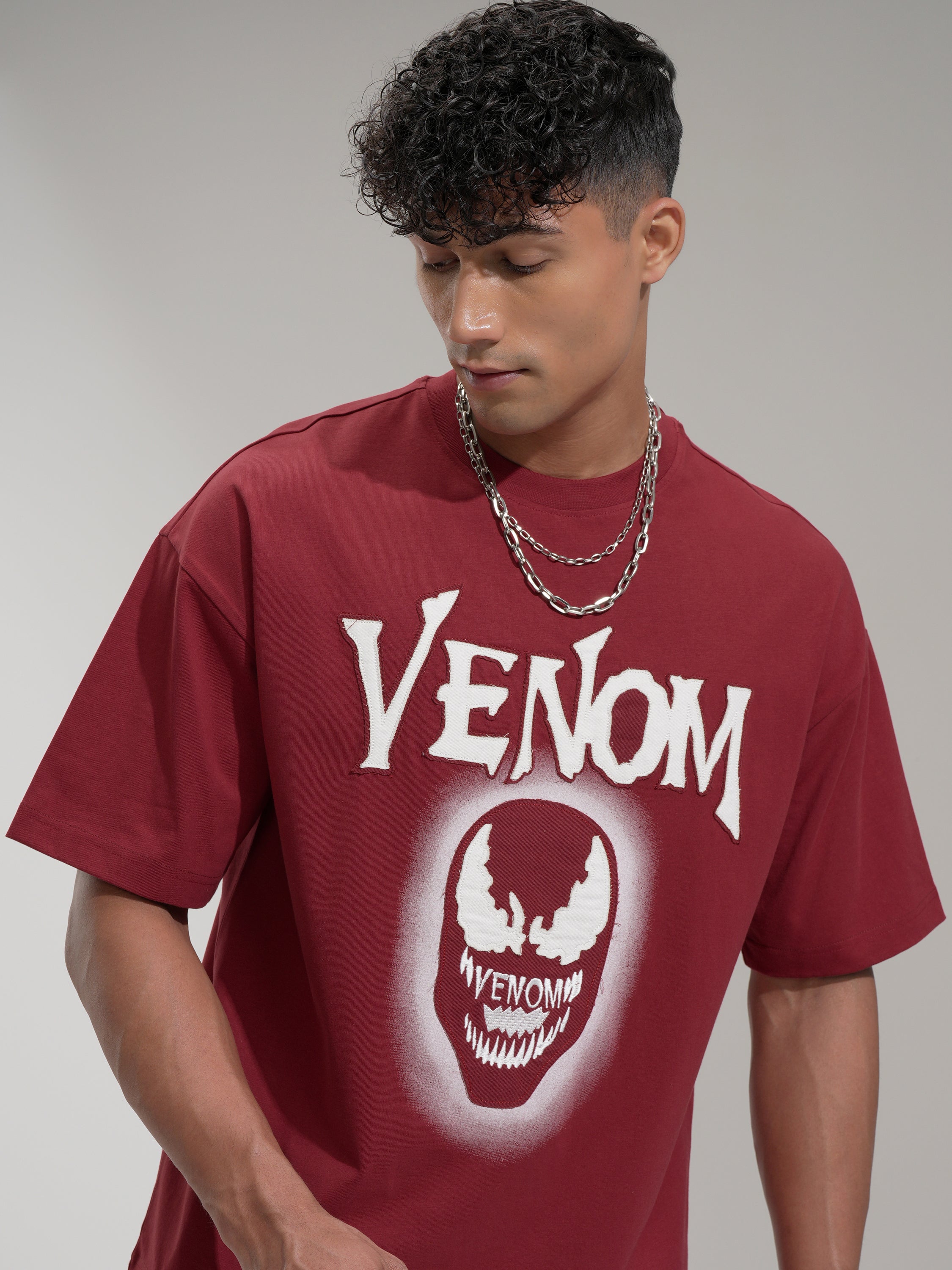 Marvel By Highlander Men Maroon Venom Printed Round Neck Oversized Fit T-Shirt - Maroon - Image 1