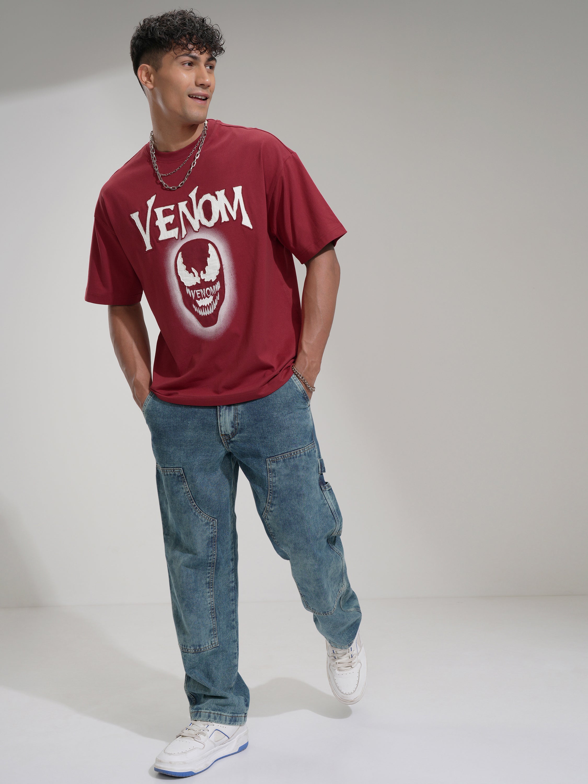 Marvel By Highlander Men Maroon Venom Printed Round Neck Oversized Fit T-Shirt - Maroon - Image 2